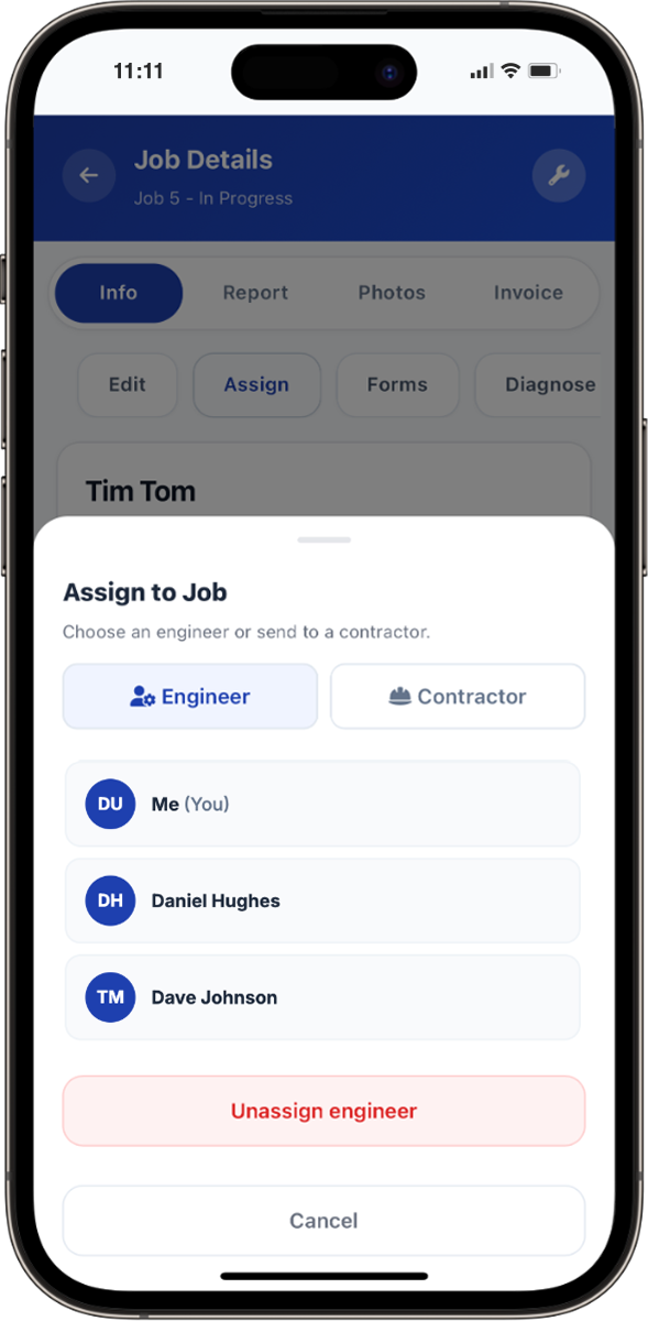 Assigning a job to an engineer or subcontractor on phone