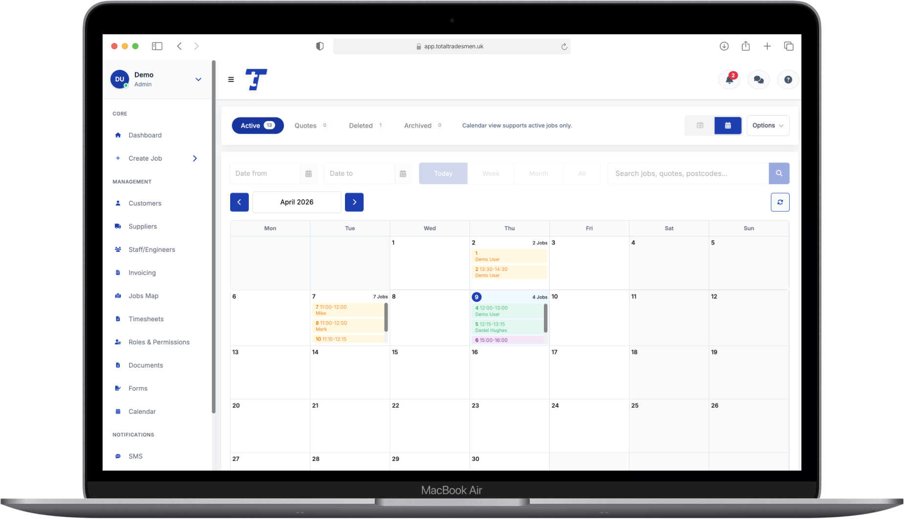 Total Tradesmen platform: jobs, quotes, invoicing, and more