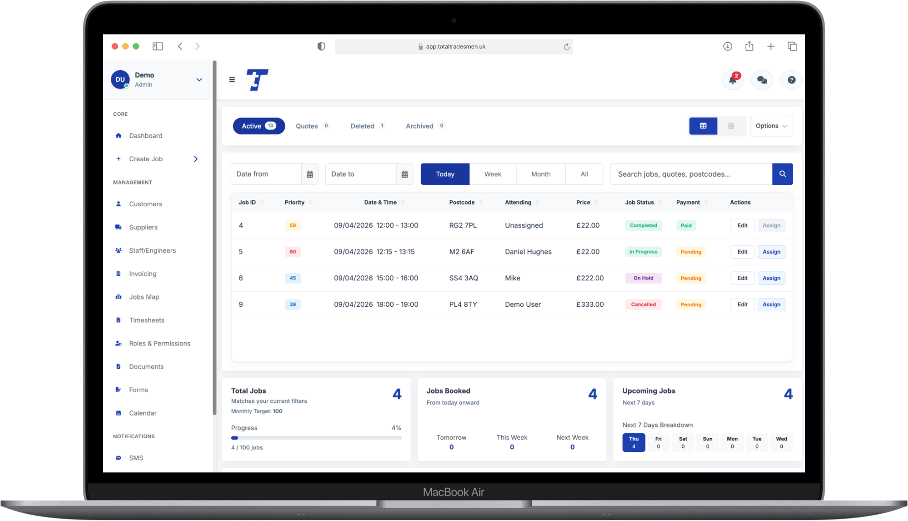 Total Tradesmen web app showing job details on desktop