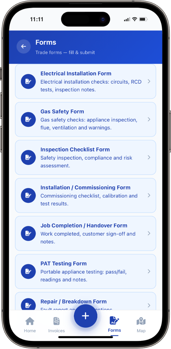 Mobile forms list in Total Tradesmen including gas safety and trade forms