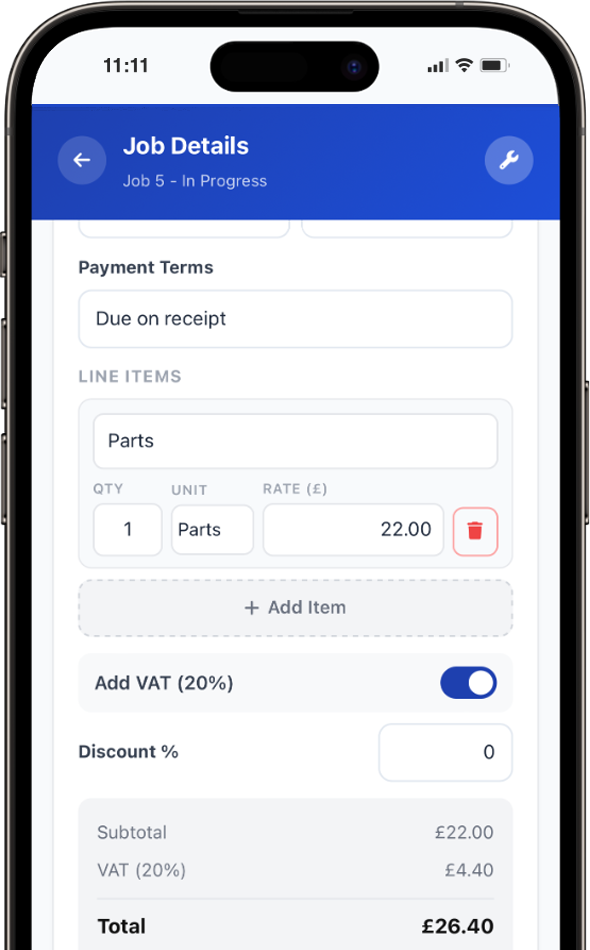 Mobile invoicing in Total Tradesmen
