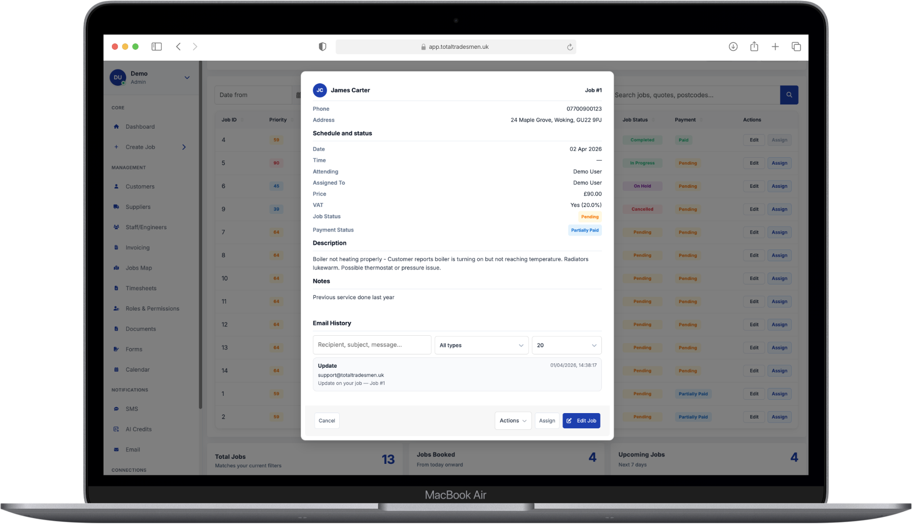 Job details for a visit on desktop in Total Tradesmen