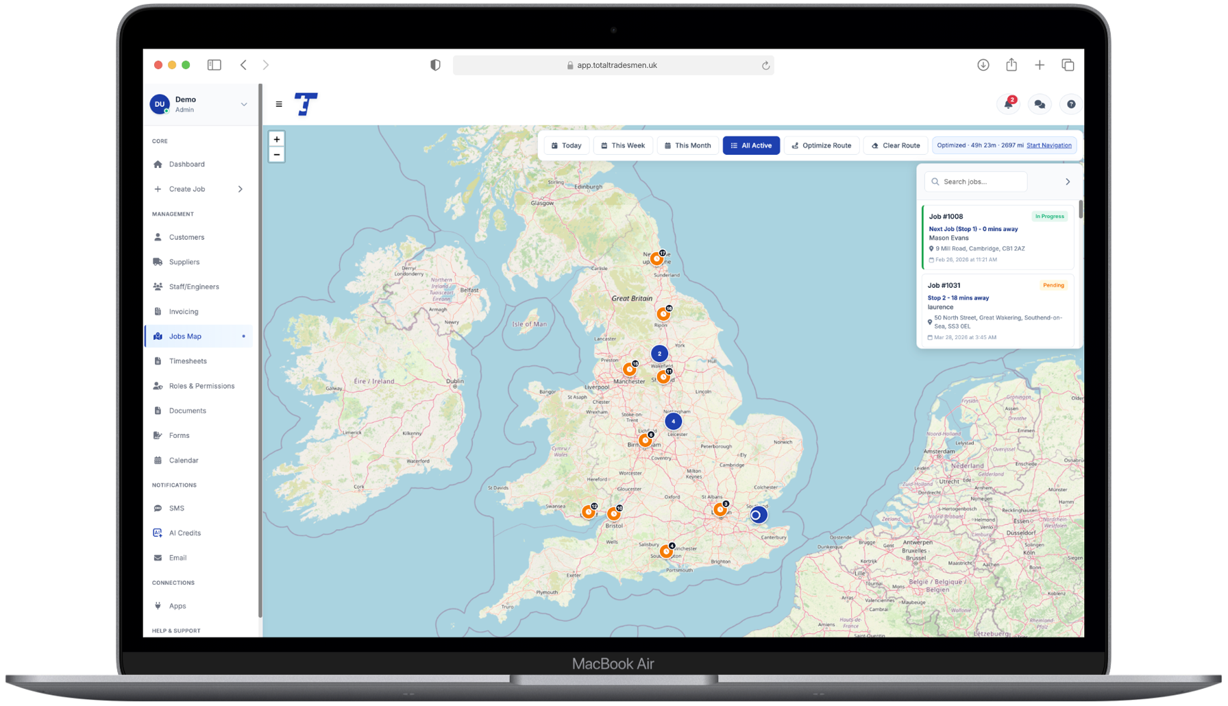 Jobs map view in Total Tradesmen