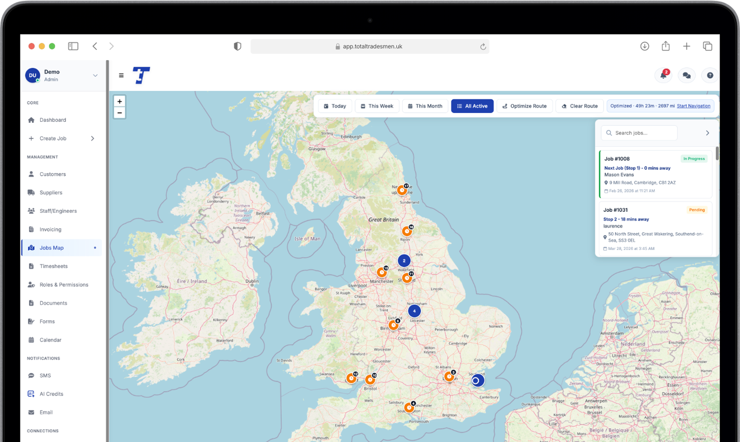 Jobs map and schedule on laptop in Total Tradesmen